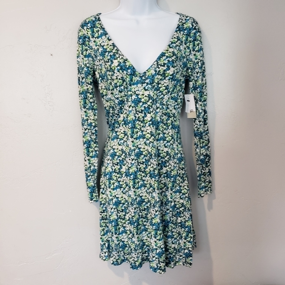 BP NWT Women's Small Long Sleeve Knee Length Dress V-neck Blue Green Floral